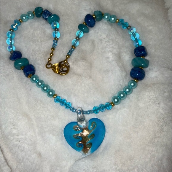 Blue Glass Beads Stones Heart Pendant Necklace - Picture 2 of 7